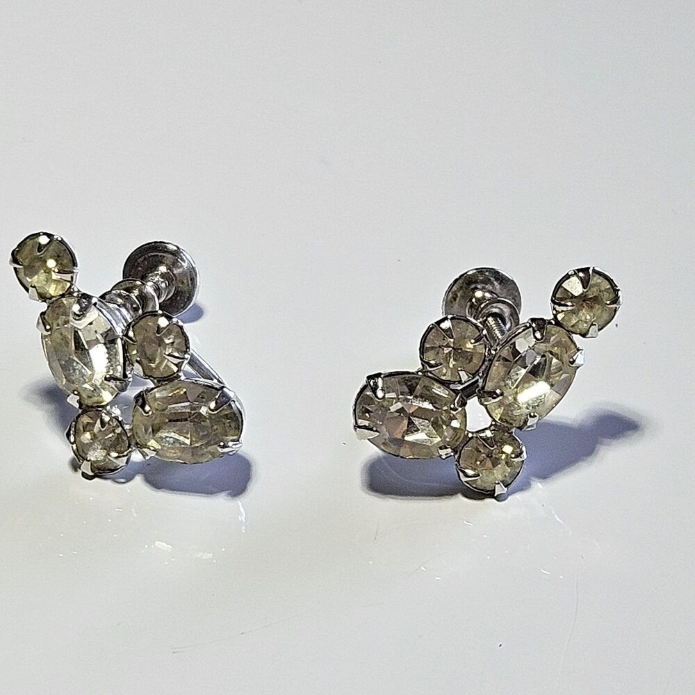 Vintage Silver Tone Rhinestone Screw Back Earrings